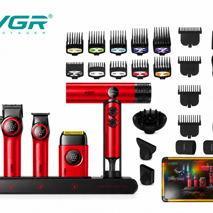 Combo Kit Profesional VGR 4 en 1 para Clipper Trimmer Shaver y Secador V-001 pro Con Maletin Rojo