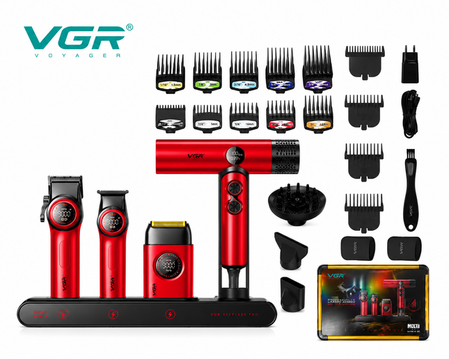 Combo Kit Profesional VGR 4 en 1 para Clipper Trimmer Shaver y Secador V-001 pro Con Maletin Rojo