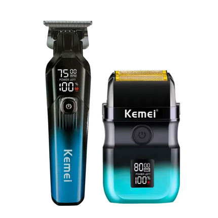 Combo Patillera Trimmer Kemei 1358 + Shever Kemei T420 Azul