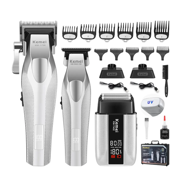 Combo Kit Profesional Kemei S3 3 en 1 – Cortadora de Cabello, Trimmer y Afeitadora Inalámbricas Cuerpo Metálico