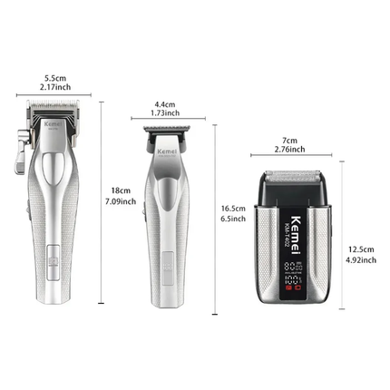 Combo Kit Profesional Kemei S3 3 en 1 – Cortadora de Cabello, Trimmer y Afeitadora Inalámbricas Cuerpo Metálico
