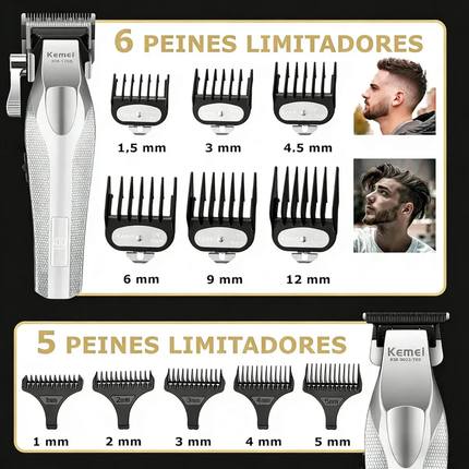 Combo Kit Profesional Kemei S3 3 en 1 – Cortadora de Cabello, Trimmer y Afeitadora Inalámbricas Cuerpo Metálico