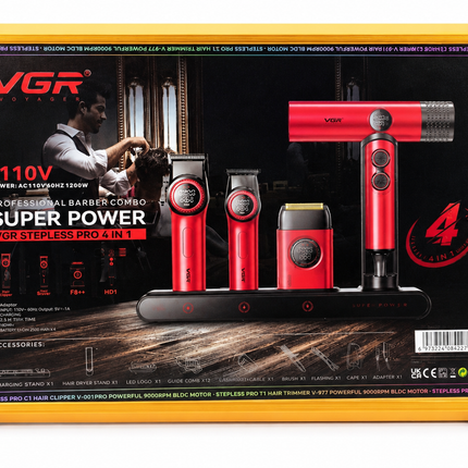 Combo Kit Profesional VGR 4 en 1 para Clipper Trimmer Shaver y Secador V-001 pro Con Maletin Rojo