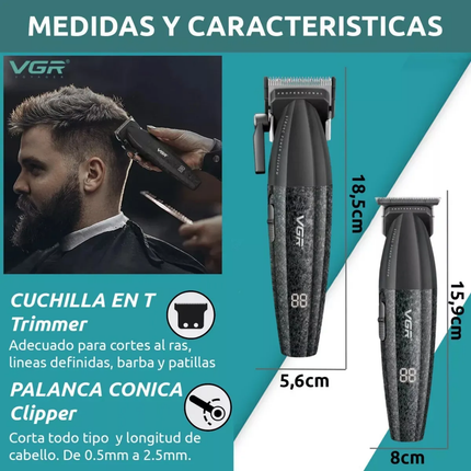 Kit Máquina Barbería Pro Clipper Trimmer VGR V-640 9000 Rpm color Negro