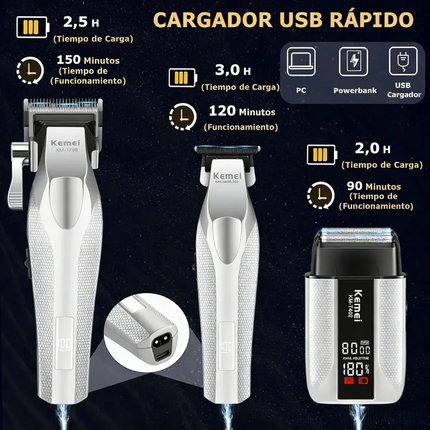 Combo Kit Profesional Kemei S3 3 en 1 – Cortadora de Cabello, Trimmer y Afeitadora Inalámbricas Cuerpo Metálico