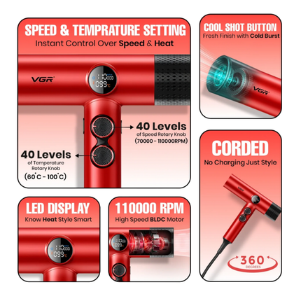 Secador De Pelo Profesional Vgr V-401 110000 Rpm Rojo