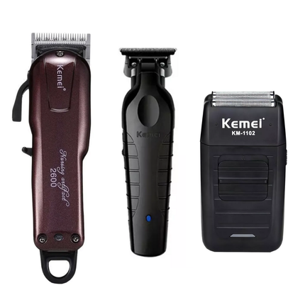 Combo Kemei Cortadora KM-2600 + Patillera KM-2299 + Shaver 1102 Inalámbrico Negro