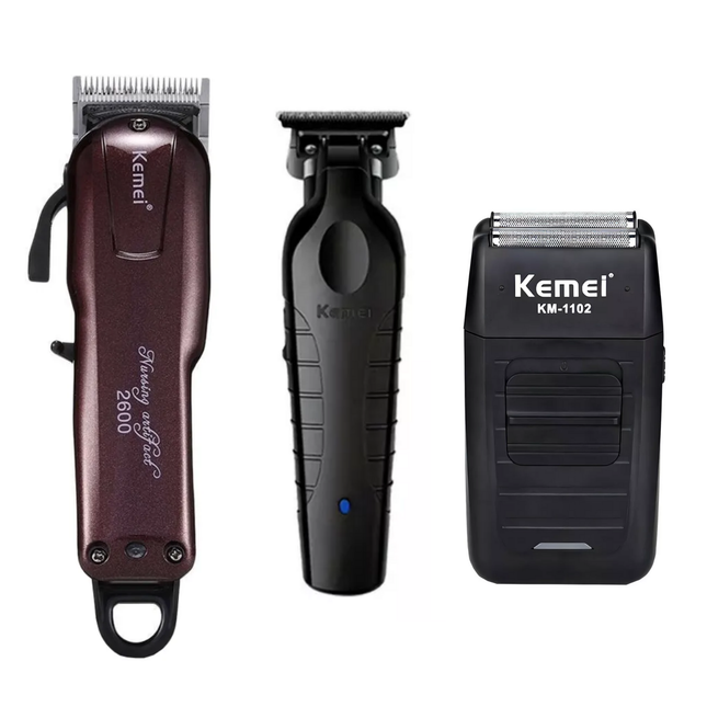 Combo Kemei Cortadora KM-2600 + Patillera KM-2299 + Shaver 1102 Inalámbrico Negro