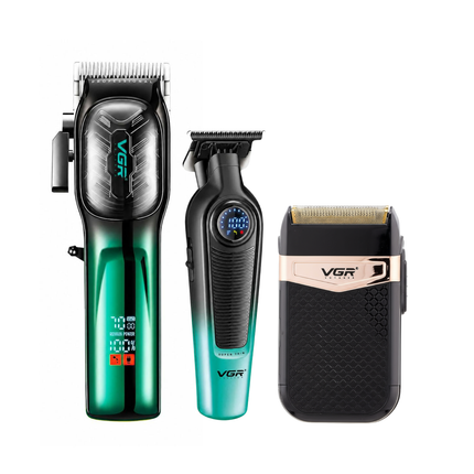 Kit Profesional de Barbería VGR Completo | Clipper V-654 + Trimmer V-996 + Shaver V-331 + Accesorios Premium