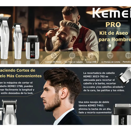 Combo Kit Profesional Kemei S3 3 en 1 – Cortadora de Cabello, Trimmer y Afeitadora Inalámbricas Cuerpo Metálico