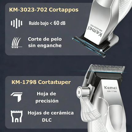 Combo Kit Profesional Kemei S3 3 en 1 – Cortadora de Cabello, Trimmer y Afeitadora Inalámbricas Cuerpo Metálico