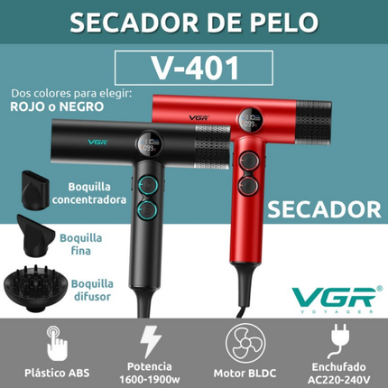 Secador De Pelo Profesional Vgr V-401 110000 Rpm Negro