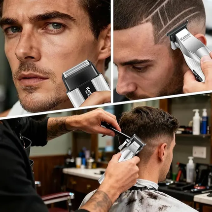 Combo Kit Profesional Kemei S3 3 en 1 – Cortadora de Cabello, Trimmer y Afeitadora Inalámbricas Cuerpo Metálico