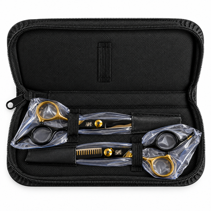 Kit Tijeras Peluquería Profesionales Obopekal Negro Dorado 6.0 Filo Navaja Esculpidora