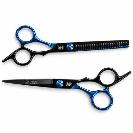 Kit Tijeras Peluquería Profesionales Obopekal Negro Azul 6.0 Filo Navaja Esculpidora