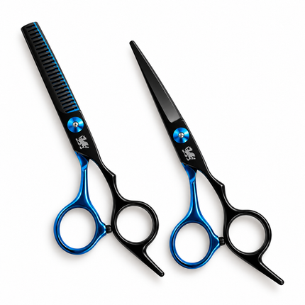 Kit Tijeras Peluquería Profesionales Obopekal Negro Azul 6.0 Filo Navaja Esculpidora