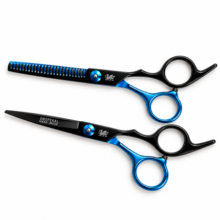 Kit Tijeras Peluquería Profesionales Obopekal Negro Azul 6.0 Filo Navaja Esculpidora