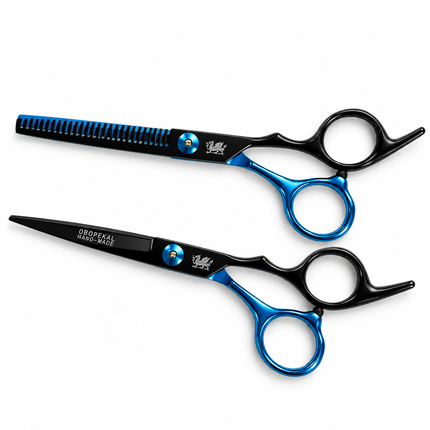 Kit Tijeras Peluquería Profesionales Obopekal Negro Azul 6.0 Filo Navaja Esculpidora