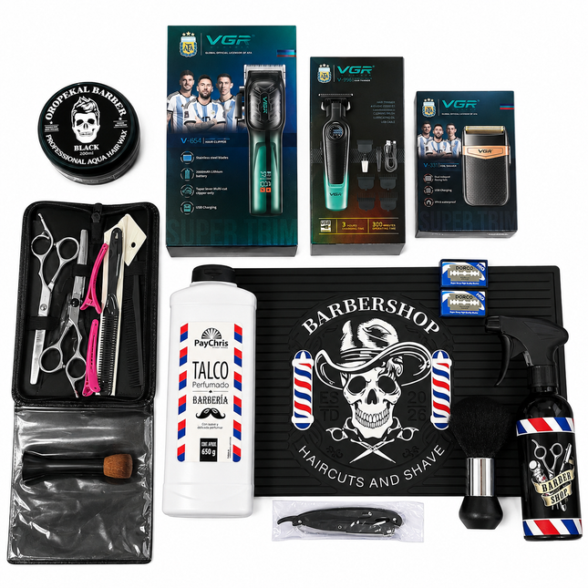Kit Profesional de Barbería VGR Completo | Clipper V-654 + Trimmer V-996 + Shaver V-331 + Accesorios Premium
