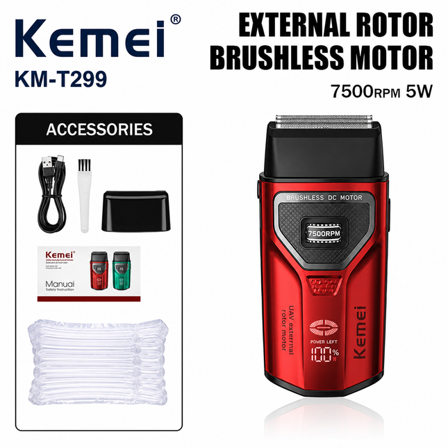 Kemei KM-T299 Shaver Profesional 7500 RPM Motor Sin Escobillas color Rojo