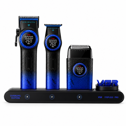 Combo Kit Profesional VGR Stepless Pro 3 En 1 Cortapelo Patillera Afeitadora Azul