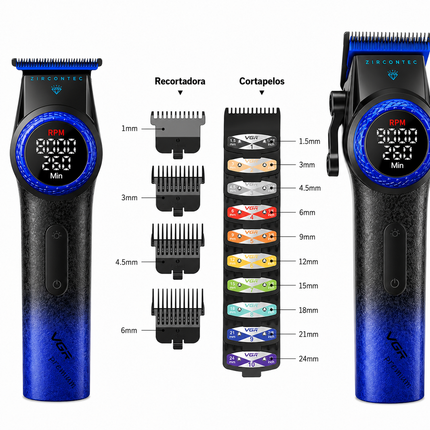 Combo Kit Profesional VGR Stepless Pro 3 En 1 Cortapelo Patillera Afeitadora Azul