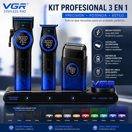 Combo Kit Profesional VGR Stepless Pro 3 En 1 Cortapelo Patillera Afeitadora Azul