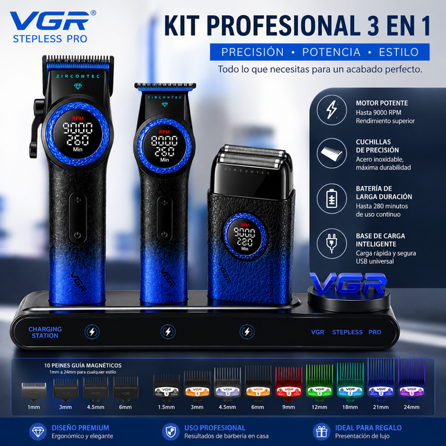 Combo Kit Profesional VGR Stepless Pro 3 En 1 Cortapelo Patillera Afeitadora Azul