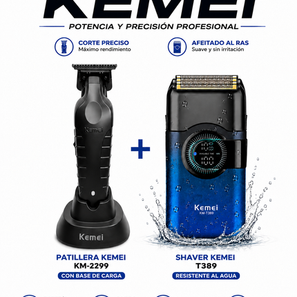 Combo kemei Patillera KM-2299 con base de carga + Shaver KM-T389