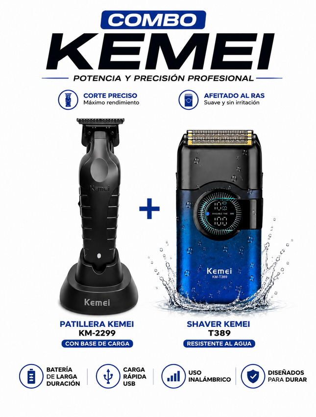 Combo kemei Patillera KM-2299 con base de carga + Shaver KM-T389