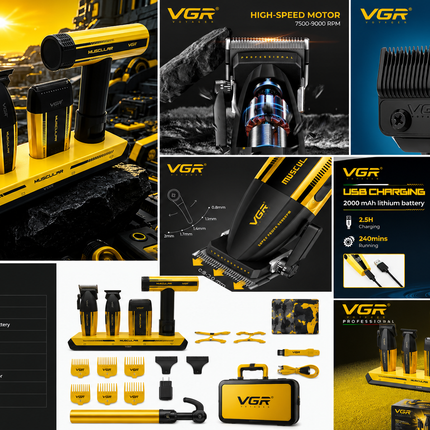 VGR V-285 S4 en 1 Maletín Muscular 285 Combo Profesional para Barbería con Cortadora, Trimmer, Afeitadora y Secador de Cabello BLDC de Alta Velocidad 9000 RPM