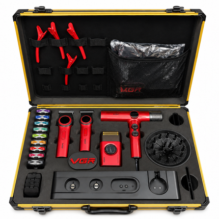 Combo Kit Profesional VGR 4 en 1 para Clipper Trimmer Shaver y Secador V-001 pro Con Maletin Rojo