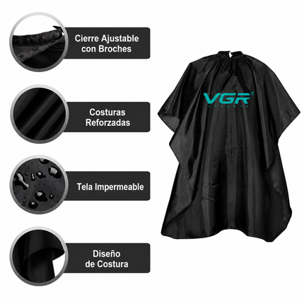 Kit Barbería Capa Profesional VGR Corte Tintura + 5 Rollos Papel Cuellero Negro