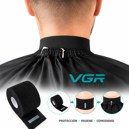 Kit Barbería Capa Profesional VGR Corte Tintura + 5 Rollos Papel Cuellero Negro