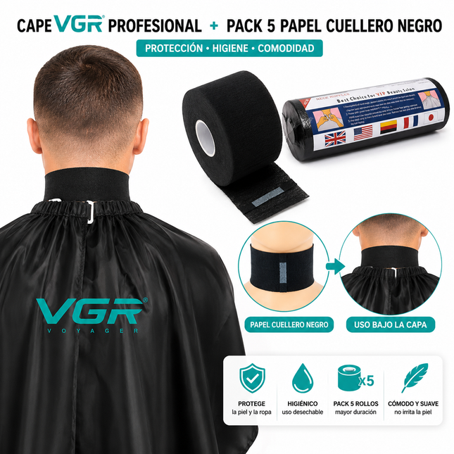 Kit Barbería Capa Profesional VGR Corte Tintura + 5 Rollos Papel Cuellero Negro