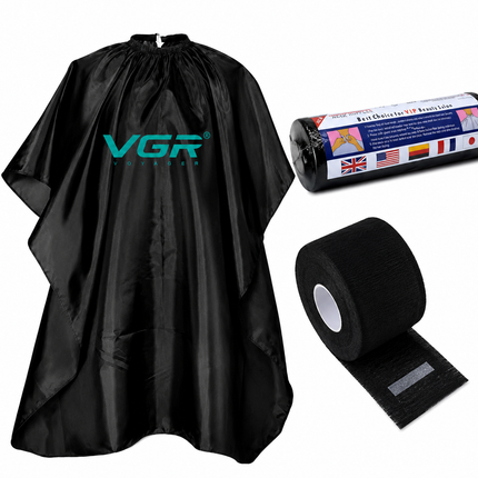 Kit Barbería Capa Profesional VGR Corte Tintura + 5 Rollos Papel Cuellero Negro