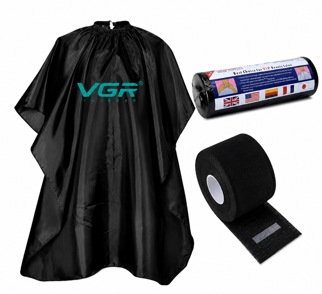 Kit Barbería Capa Profesional VGR Corte Tintura + 5 Rollos Papel Cuellero Negro
