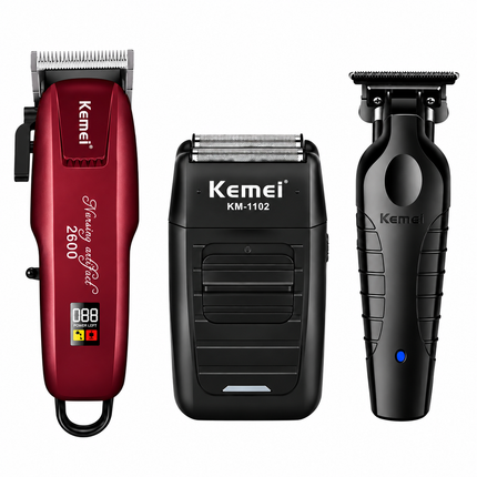 Combo Kemei Cortadora KM-2600 + Patillera KM-2299 + Afeitadora 1102 Inalámbrica Negra