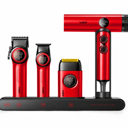 Combo Kit Profesional VGR 4 en 1 para Clipper Trimmer Shaver y Secador V-001 pro Con Maletin Rojo