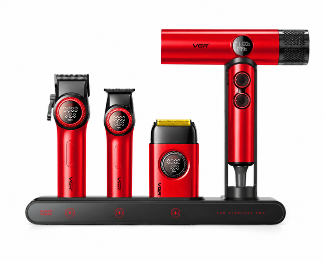 Combo Kit Profesional VGR 4 en 1 para Clipper Trimmer Shaver y Secador V-001 pro Con Maletin Rojo