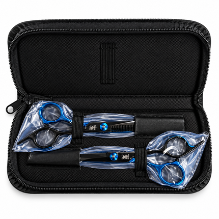 Kit Tijeras Peluquería Profesionales Obopekal Negro Azul 6.0 Filo Navaja Esculpidora