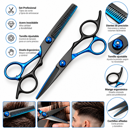 Kit Tijeras Peluquería Profesionales Obopekal Negro Azul 6.0 Filo Navaja Esculpidora