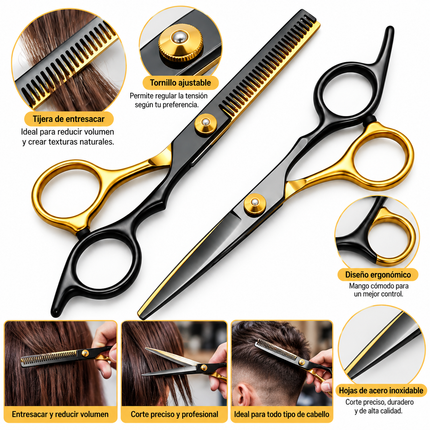 Kit Tijeras Peluquería Profesionales Obopekal Negro Dorado 6.0 Filo Navaja Esculpidora