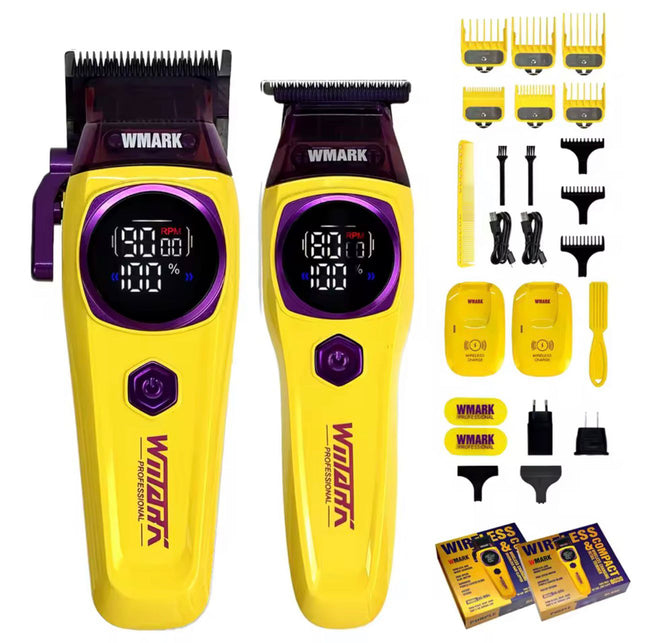 Kit Wmark Cortadora De Pelo Carga Inalámbrica Ng-8004 + Trimmer NG-8204 Con Pantalla Led 7500 Rpm Amarilla
