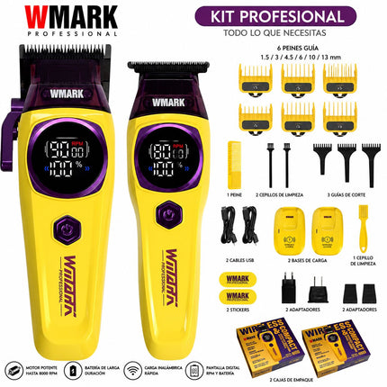 Kit Wmark Cortadora De Pelo Carga Inalámbrica Ng-8004 + Trimmer NG-8204 Con Pantalla Led 7500 Rpm Amarilla