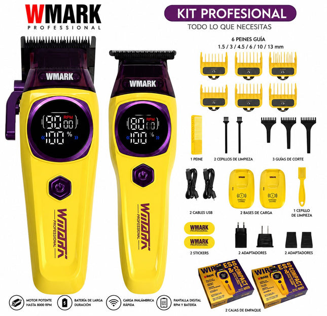 Kit Wmark Cortadora De Pelo Carga Inalámbrica Ng-8004 + Trimmer NG-8204 Con Pantalla Led 7500 Rpm Amarilla
