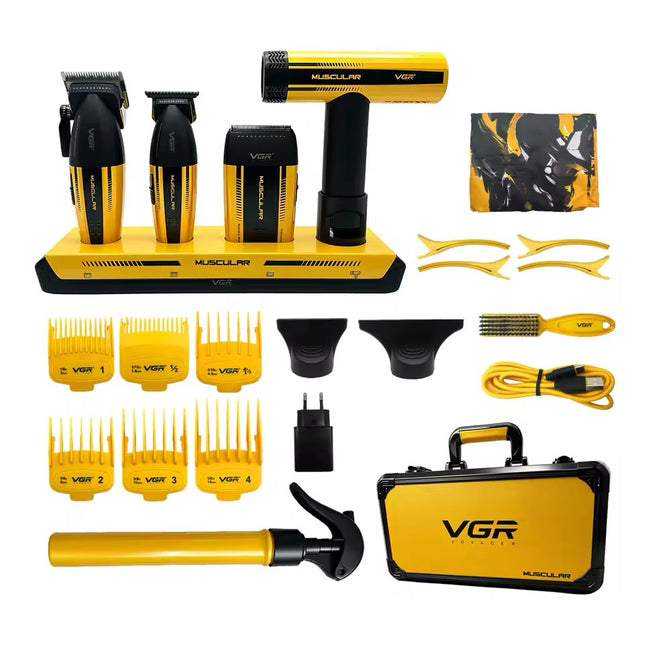 VGR V-285 S4 en 1 Maletín Muscular 285 Combo Profesional para Barbería con Cortadora, Trimmer, Afeitadora y Secador de Cabello BLDC de Alta Velocidad 9000 RPM