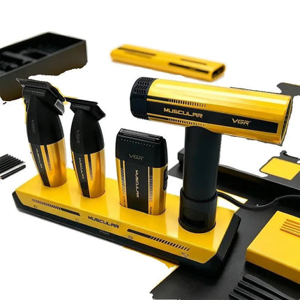 VGR V-285 S4 en 1 Maletín Muscular 285 Combo Profesional para Barbería con Cortadora, Trimmer, Afeitadora y Secador de Cabello BLDC de Alta Velocidad 9000 RPM
