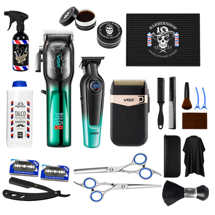 Kit Profesional de Barbería VGR Completo | Clipper V-654 + Trimmer V-996 + Shaver V-331 + Accesorios Premium